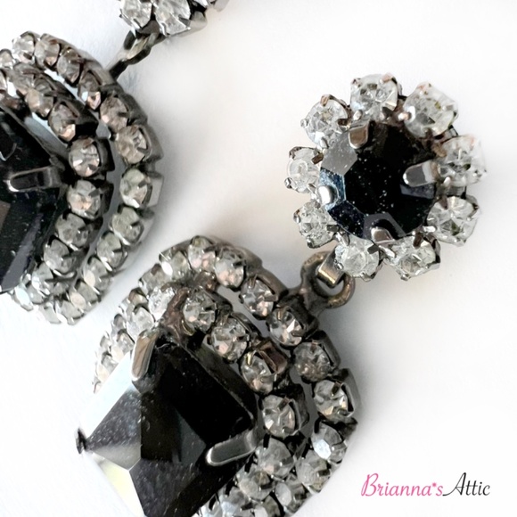 Black stone Crystal Silver Rhinestone Dangle Drop Clip-on Earrings - Picture 3 of 8